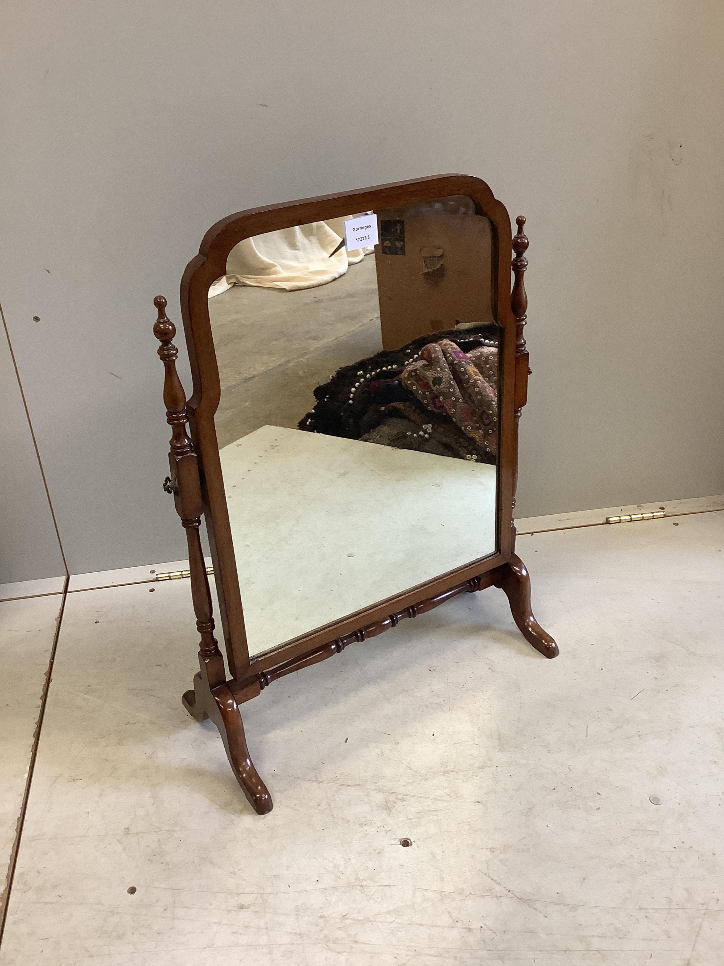 A George III style mahogany skeleton frame toilet mirror, width 52cm, height 68cm. Condition - good